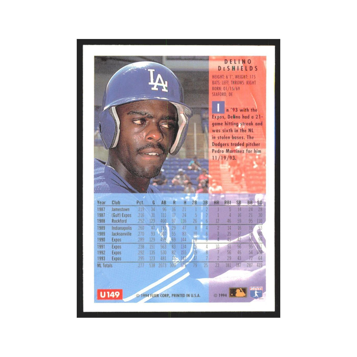 Delino DeShields 1994 Fleer Update #U149 Los Angeles Dodgers Baseball Card NM