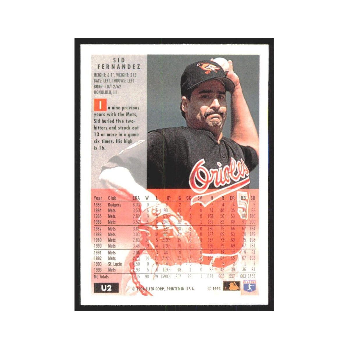 Sid Fernandez 1994 Fleer Update #U2 Baltimore Orioles Baseball Card NM