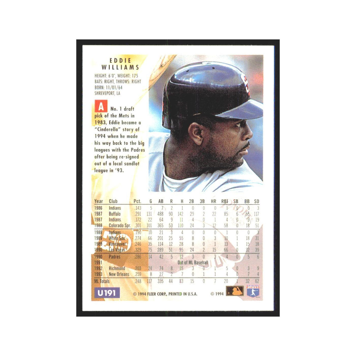 Eddie Williams 1994 Fleer Update #U191 San Diego Padres Baseball Card NM