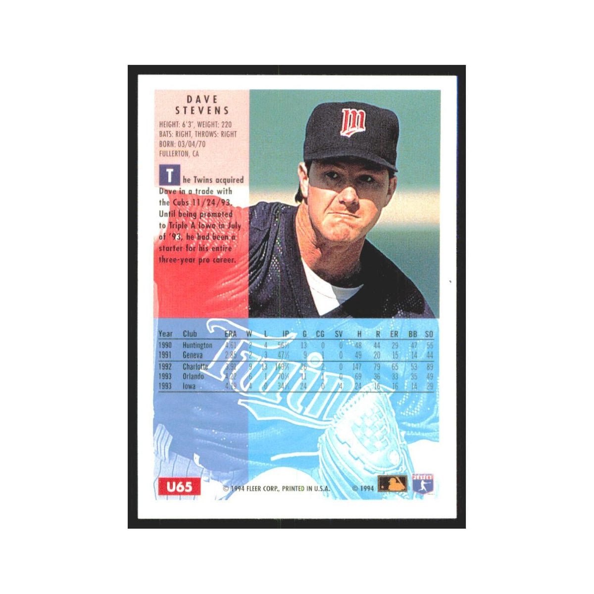 Dave Stevens 1994 Fleer Update #U65 Minnesota Twins Baseball Card NM