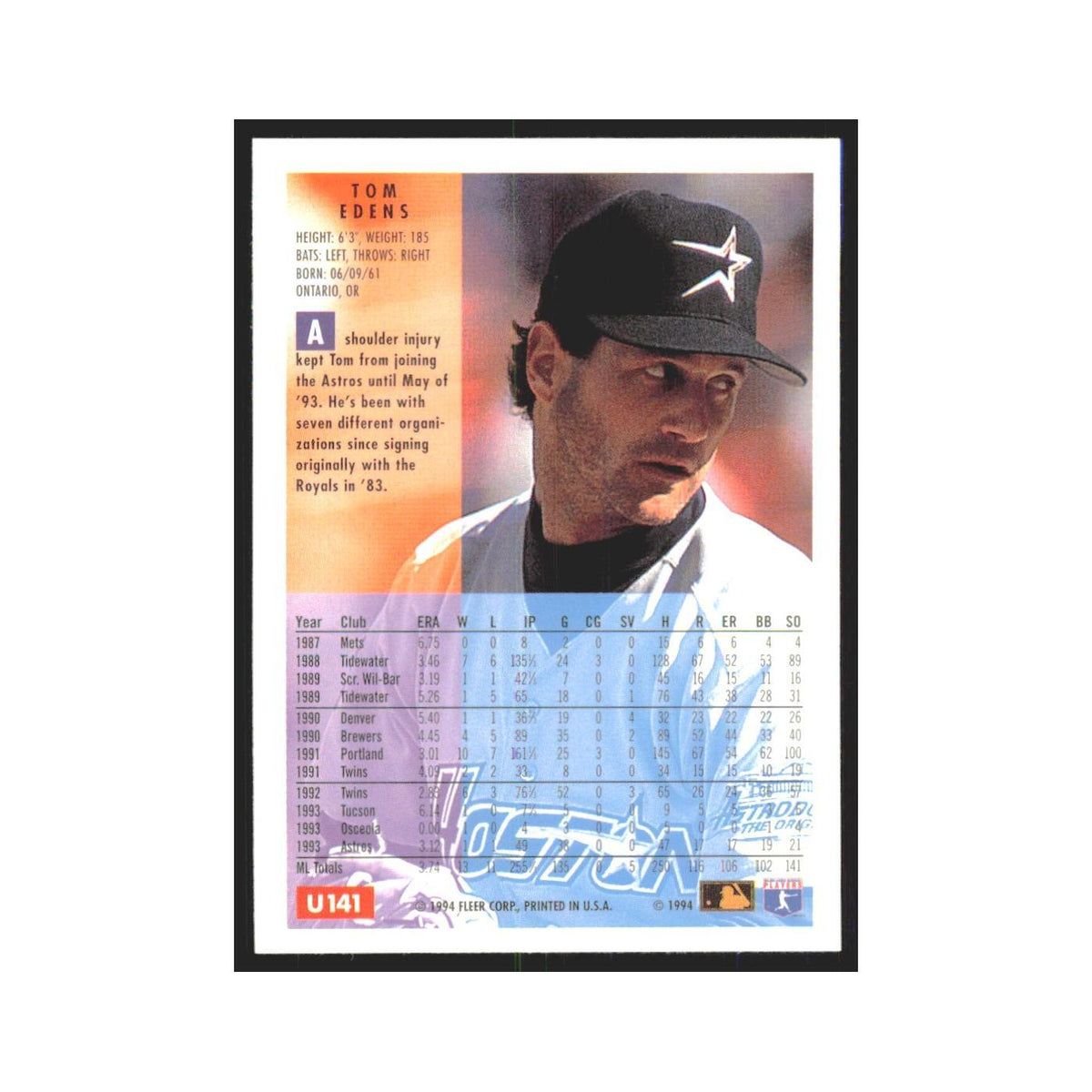 Tom Edens 1994 Fleer Update #U141 Houston Astros Baseball Card NM