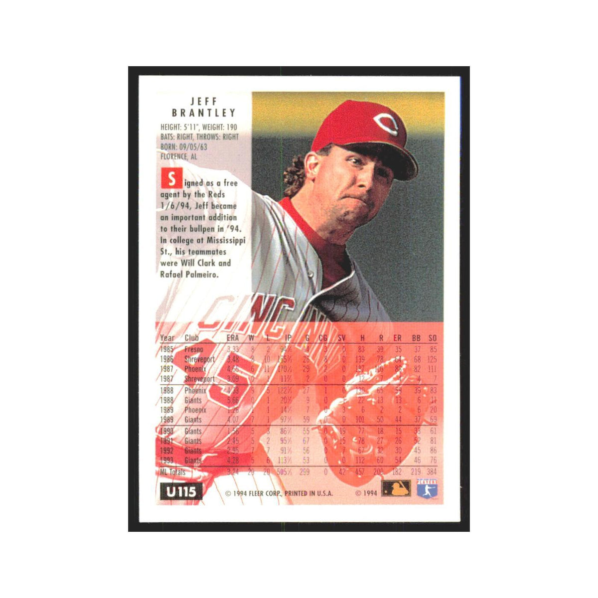 Jeff Brantley 1994 Fleer Update #U115 Cincinnati Reds Baseball Card NM