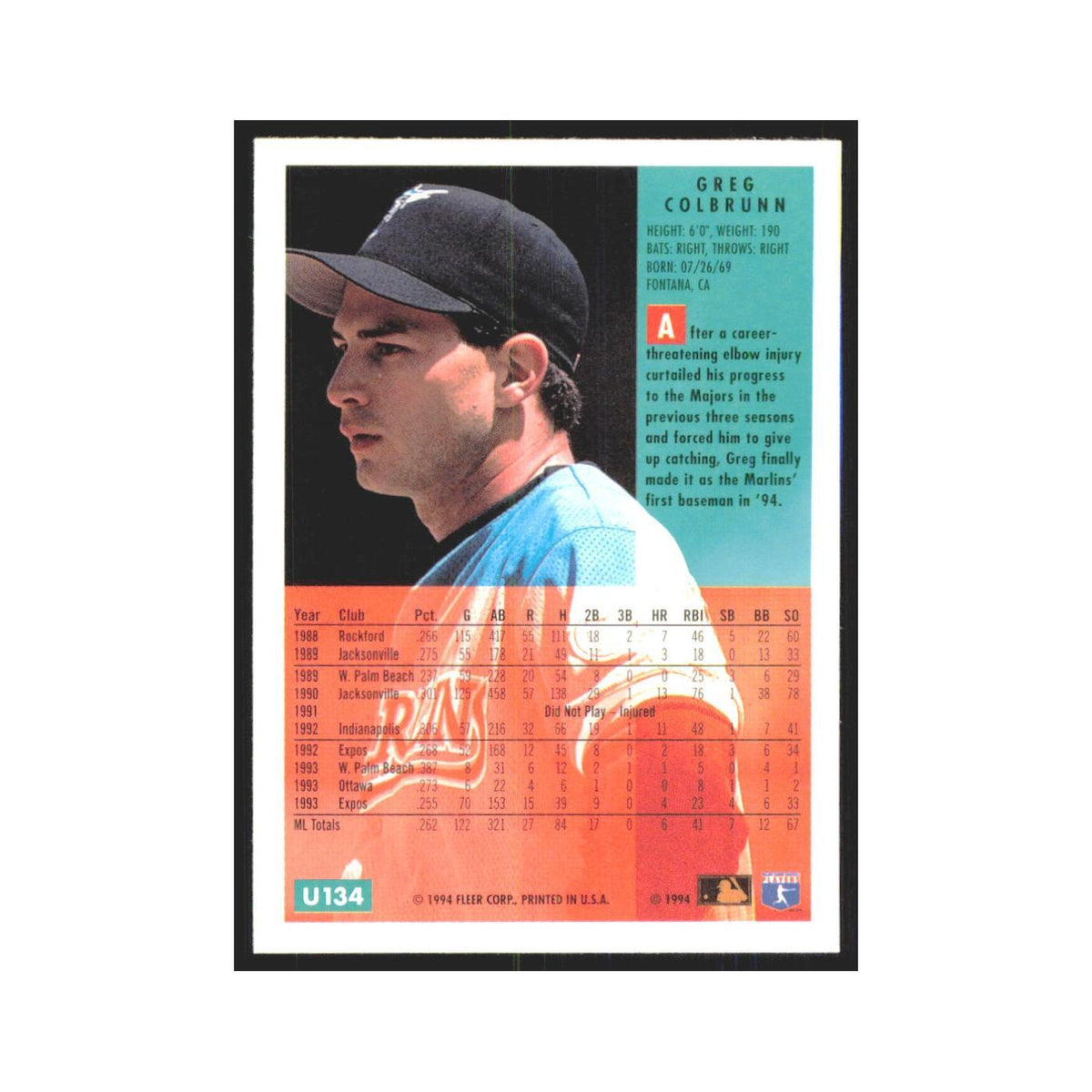 Greg Colbrunn 1994 Fleer Update #U134 Florida Marlins Baseball Card NM