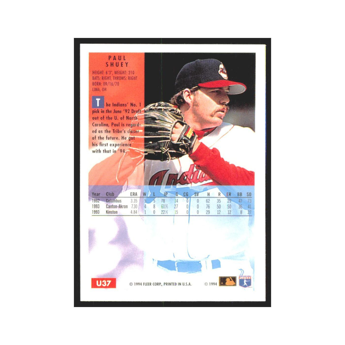 Paul Shuey 1994 Fleer Update #U37 Cleveland Indians Baseball Card NM