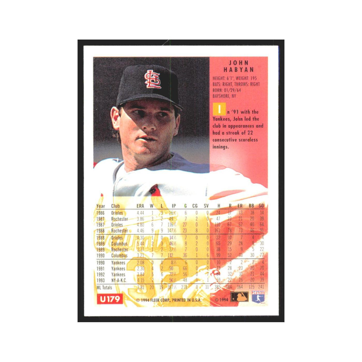 John Habyan 1994 Fleer Update #U179 St. Louis Cardinals Baseball Card NM