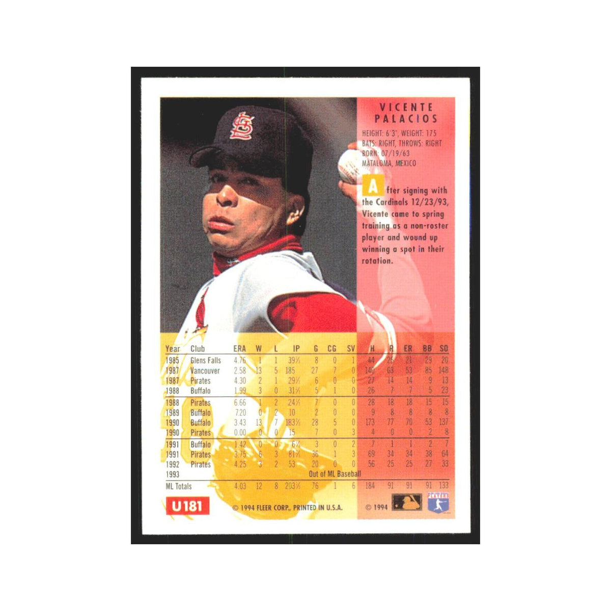 Vicente Palacios 1994 Fleer Update #U181 St. Louis Cardinals Baseball Card NM