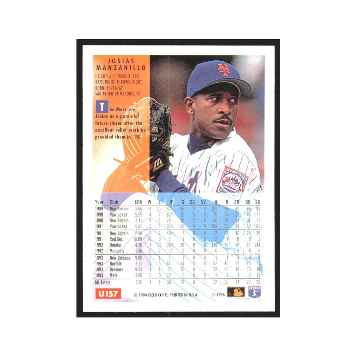 Josias Manzanillo 1994 Fleer Update #U157 New York Mets Baseball Card NM