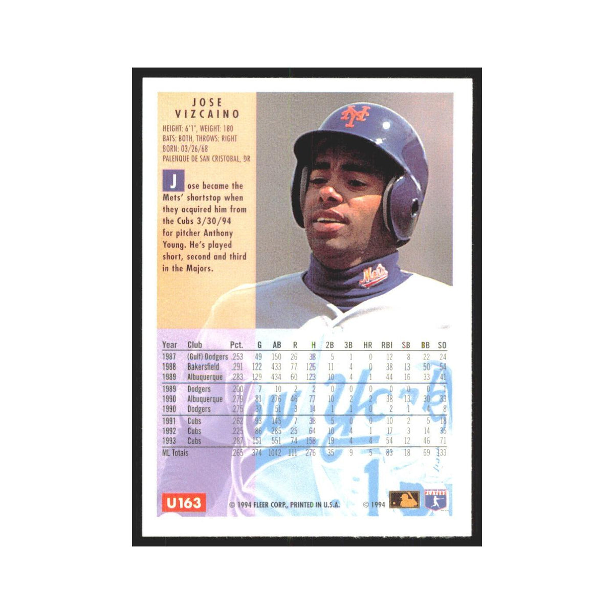 Jose Vizcaino 1994 Fleer Update #U163 New York Mets Baseball Card NM