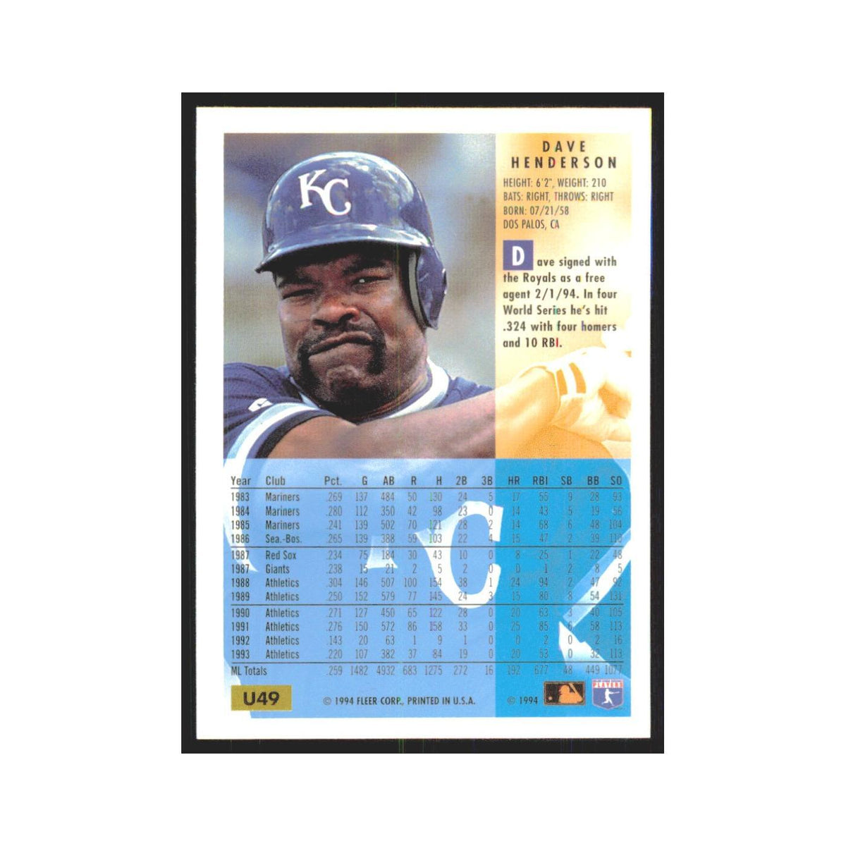 Dave Henderson 1994 Fleer Update #U49 Kansas City Royals Baseball Card NM