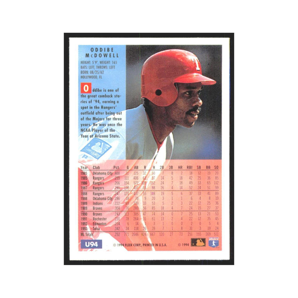 Oddibe McDowell 1994 Fleer Update #U94 Texas Rangers Baseball Card NM