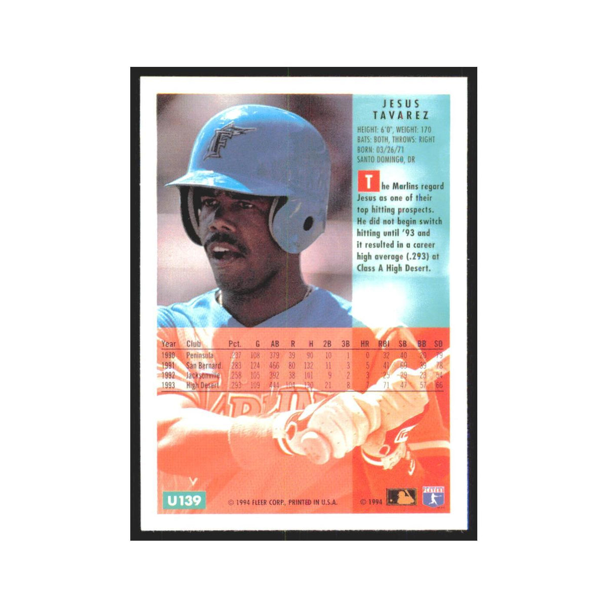 Jesus Tavarez Rookie 1994 Fleer Update #U139 Florida Marlins Baseball Card NM