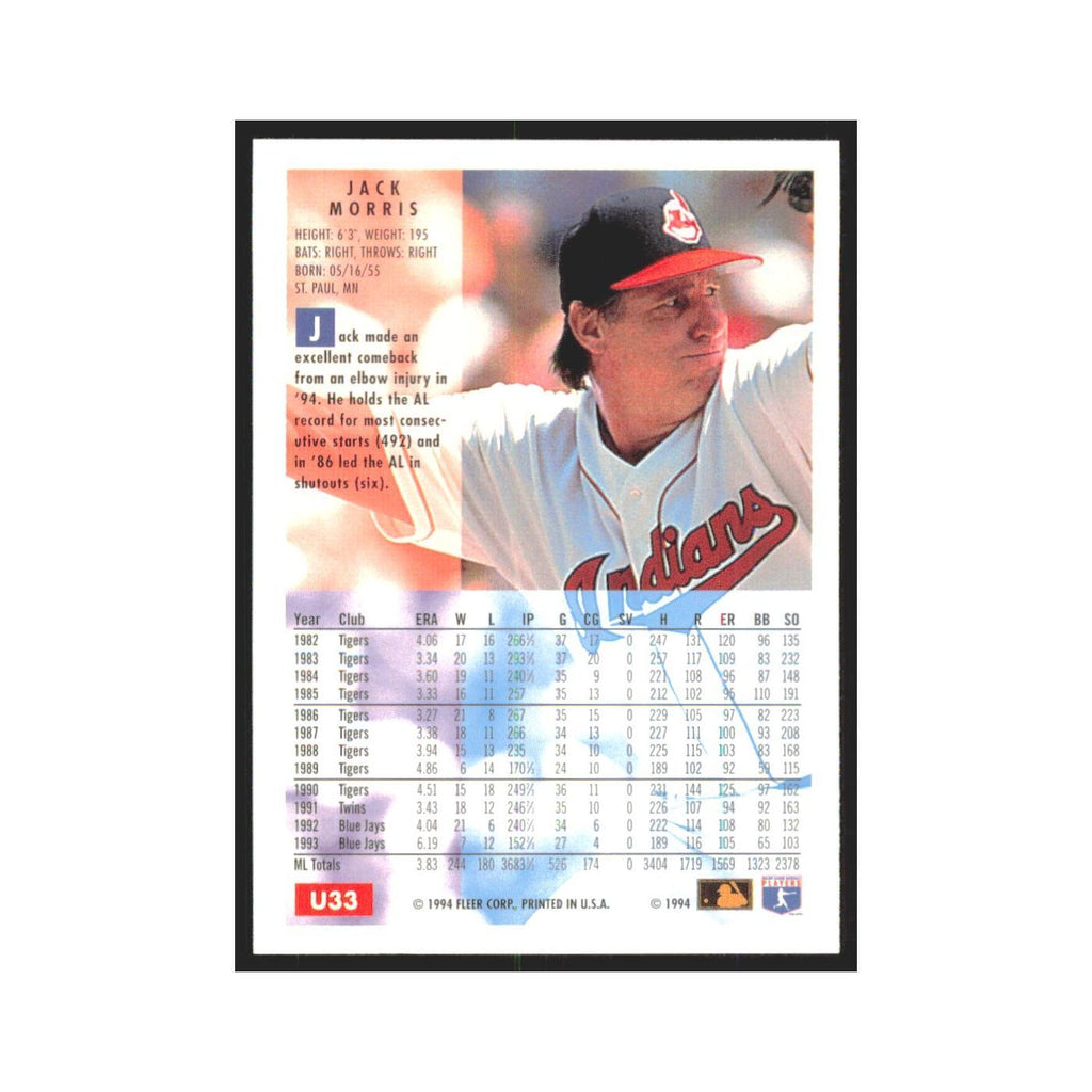 Jack Morris 1994 Fleer Update #U33 Cleveland Indians Baseball Card NM