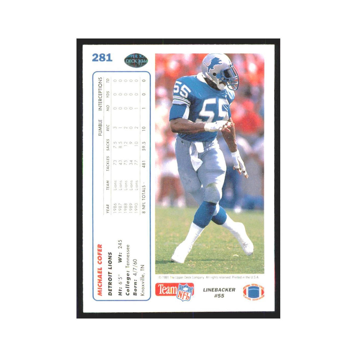 1991 Upper Deck Michael Cofer Lions #281