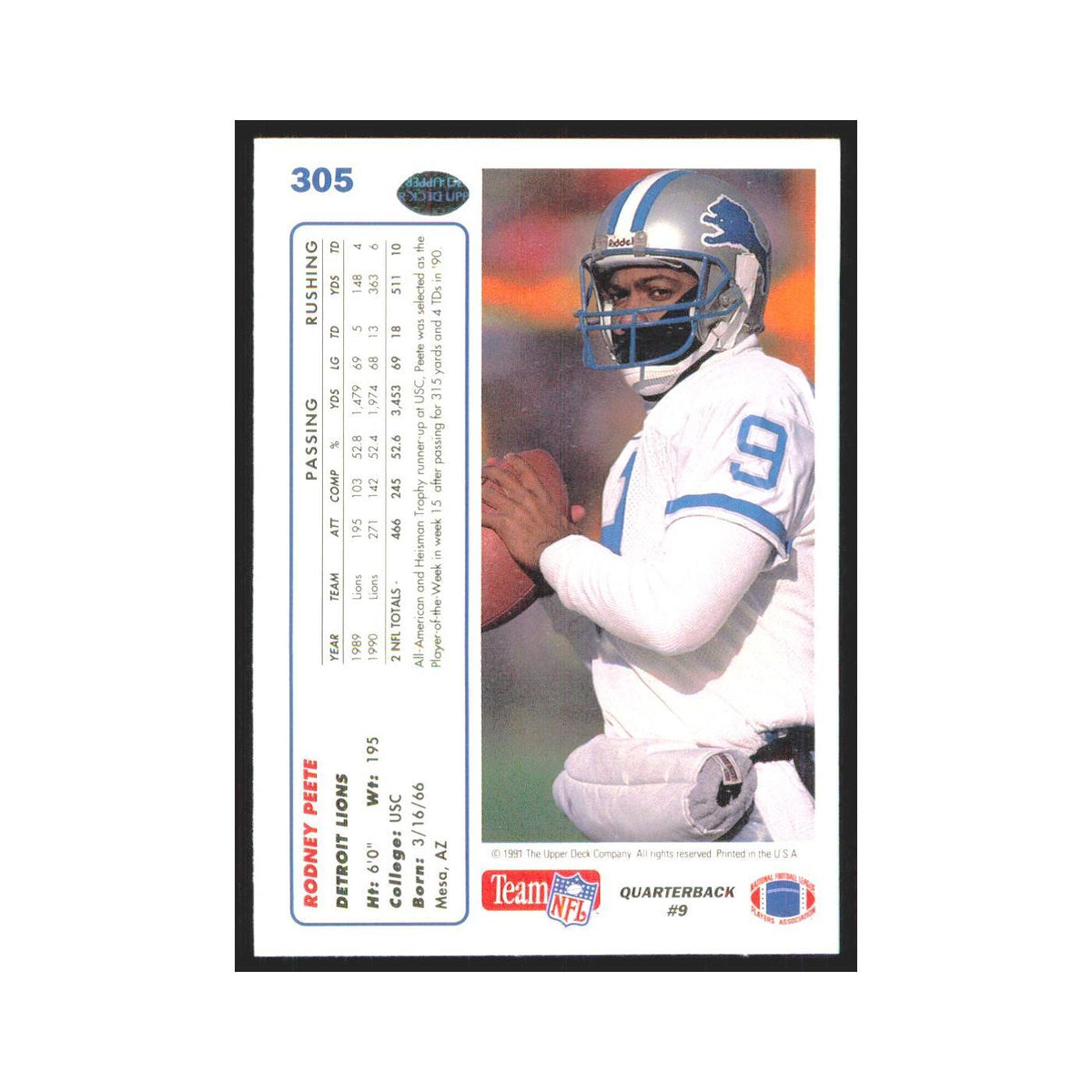 1991 Upper Deck Rodney Peete Lions #305