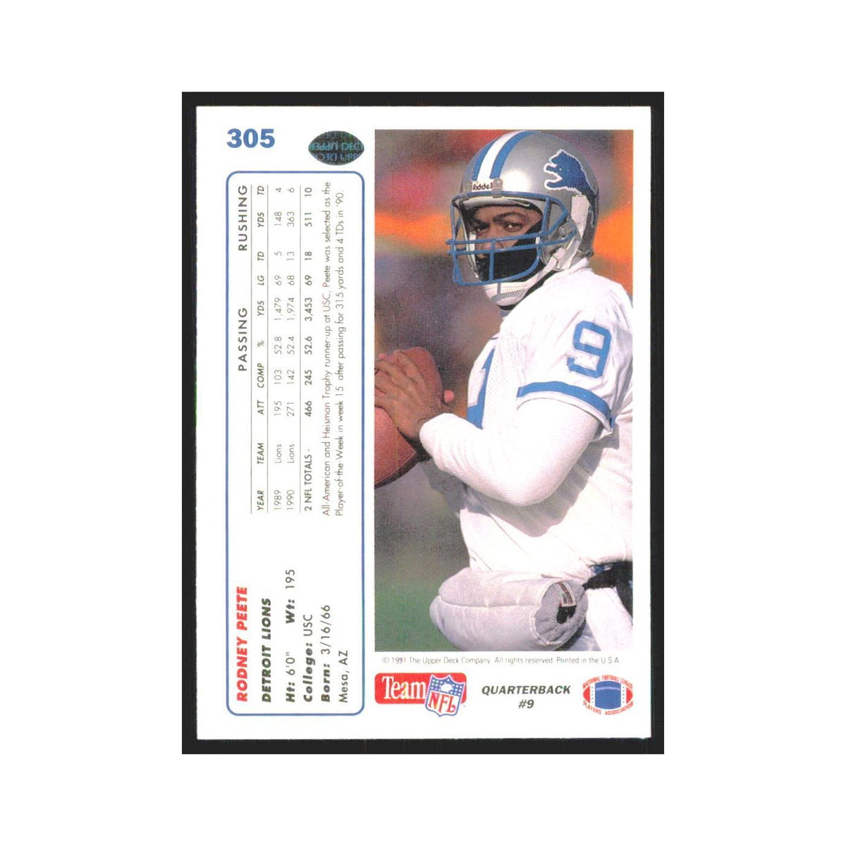 1991 Upper Deck Rodney Peete Lions #305