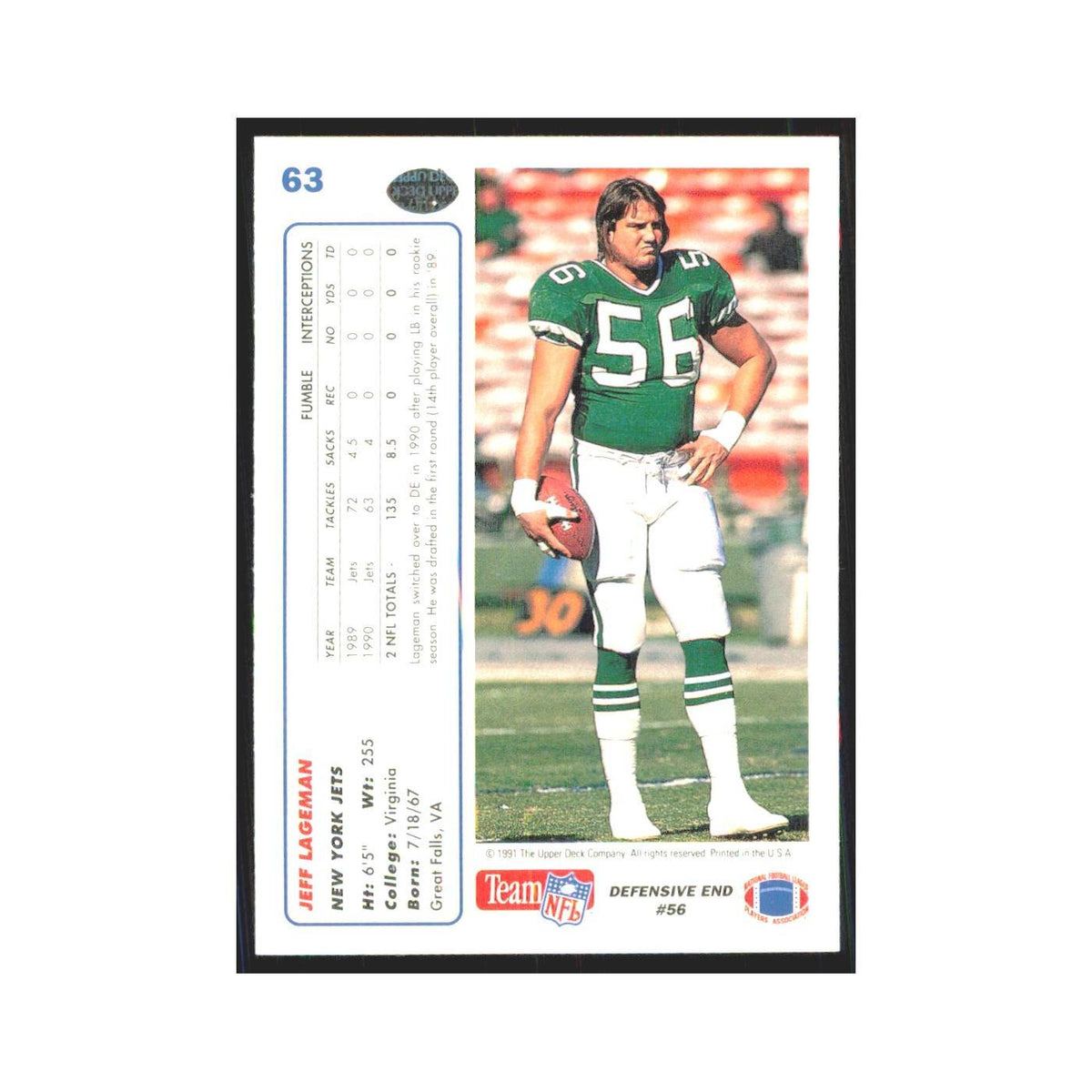 1991 Upper Deck Jeff Lageman Jets #63