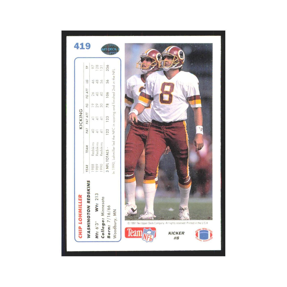 1991 Upper Deck Chip Lohmiller Redskins #419