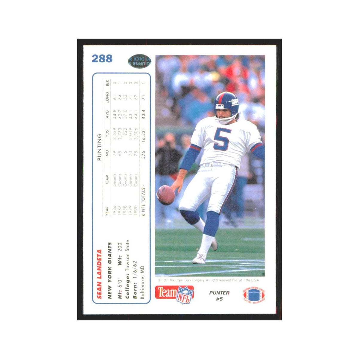 1991 Upper Deck Sean Landeta Giants #288