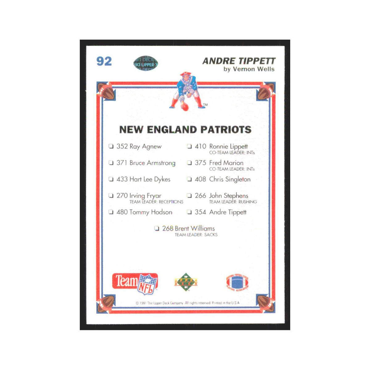 1991 Upper Deck Andre Tippett Patriots #92