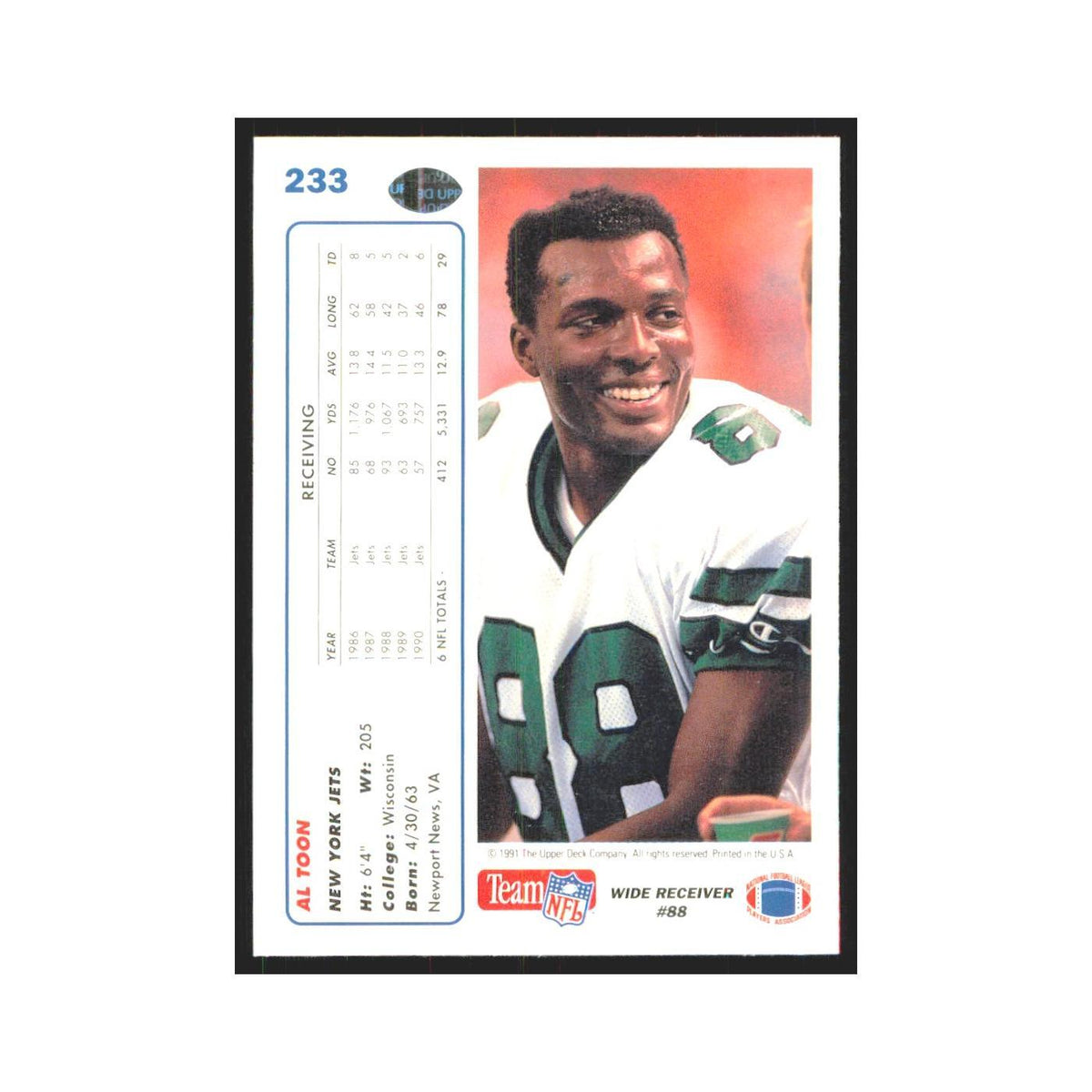 1991 Upper Deck Al Toon Jets #233