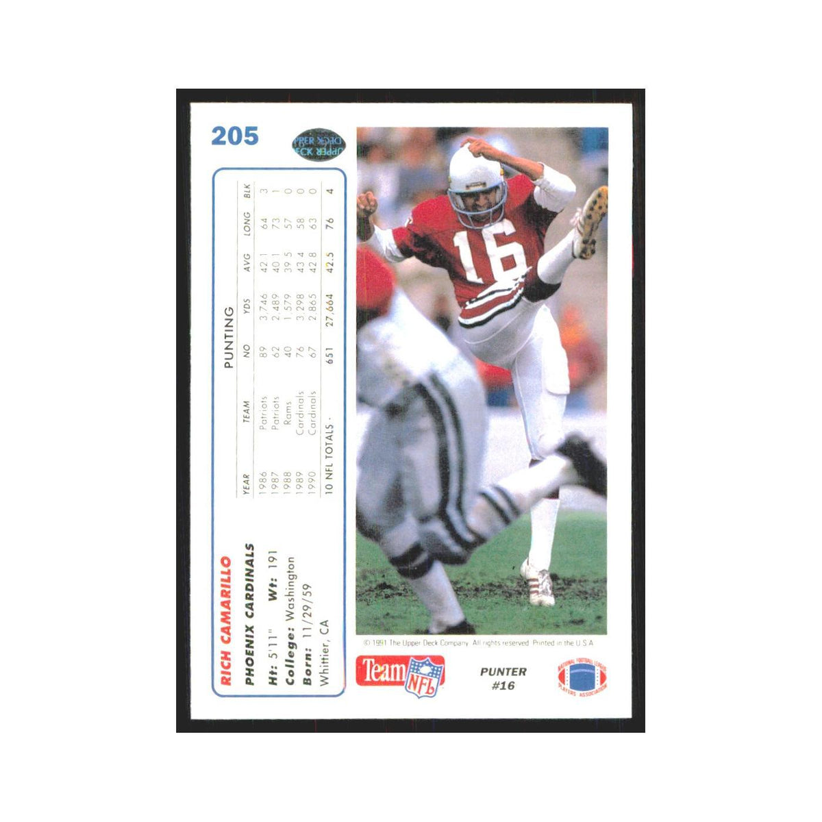 1991 Upper Deck Rich Camarillo Phoenix Cardinals #205