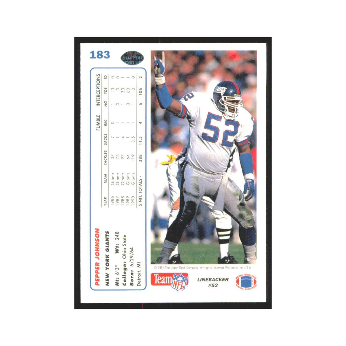 1991 Upper Deck Pepper Johnson Giants #183