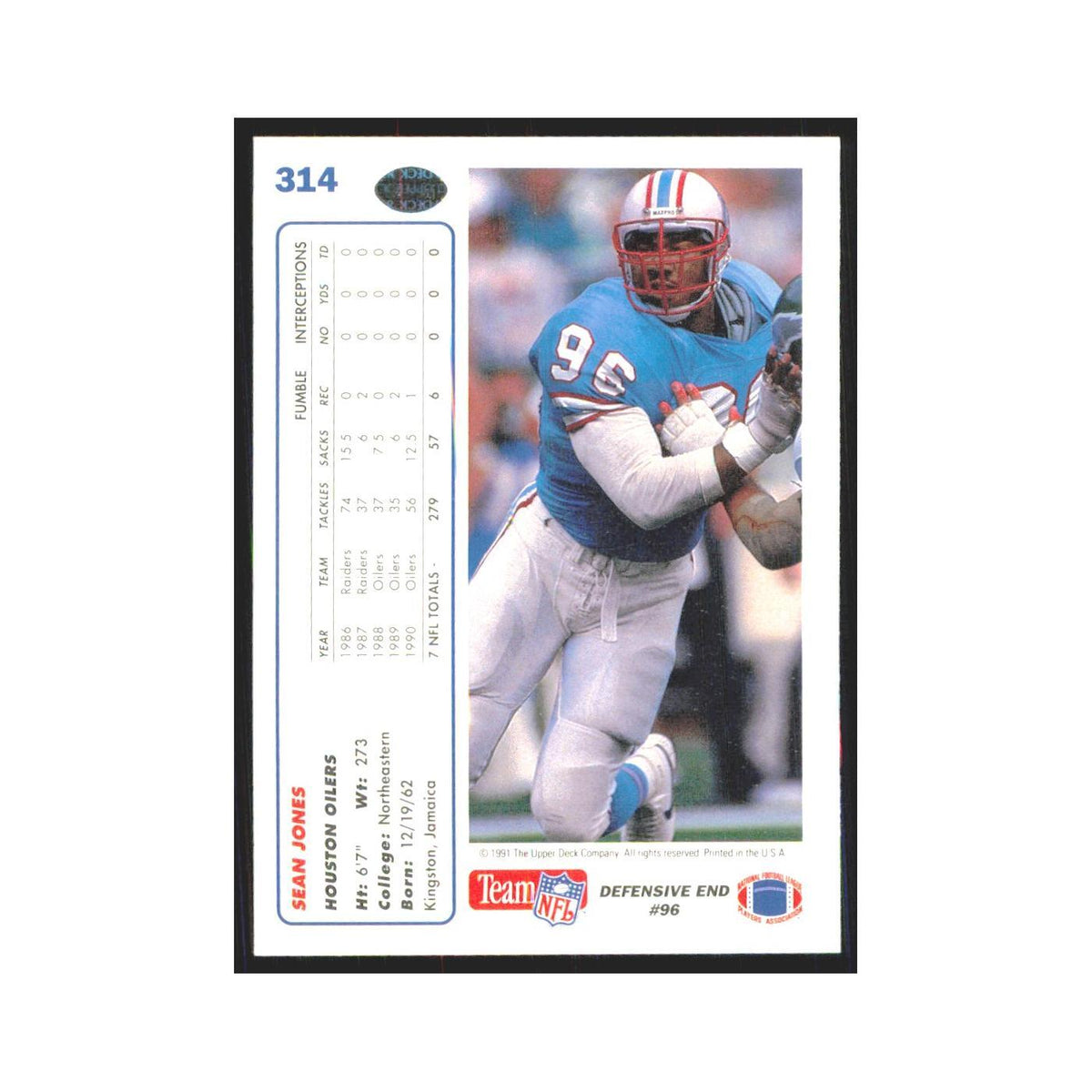 1991 Upper Deck Sean Jones Houston Oilers #314