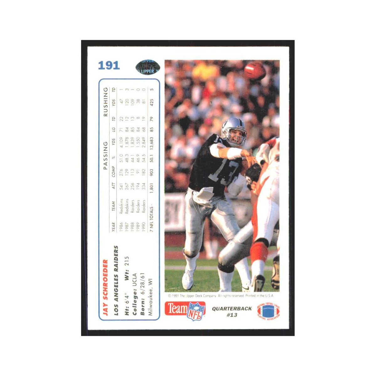 1991 Upper Deck Jay Schroeder Los Angeles Raiders #191