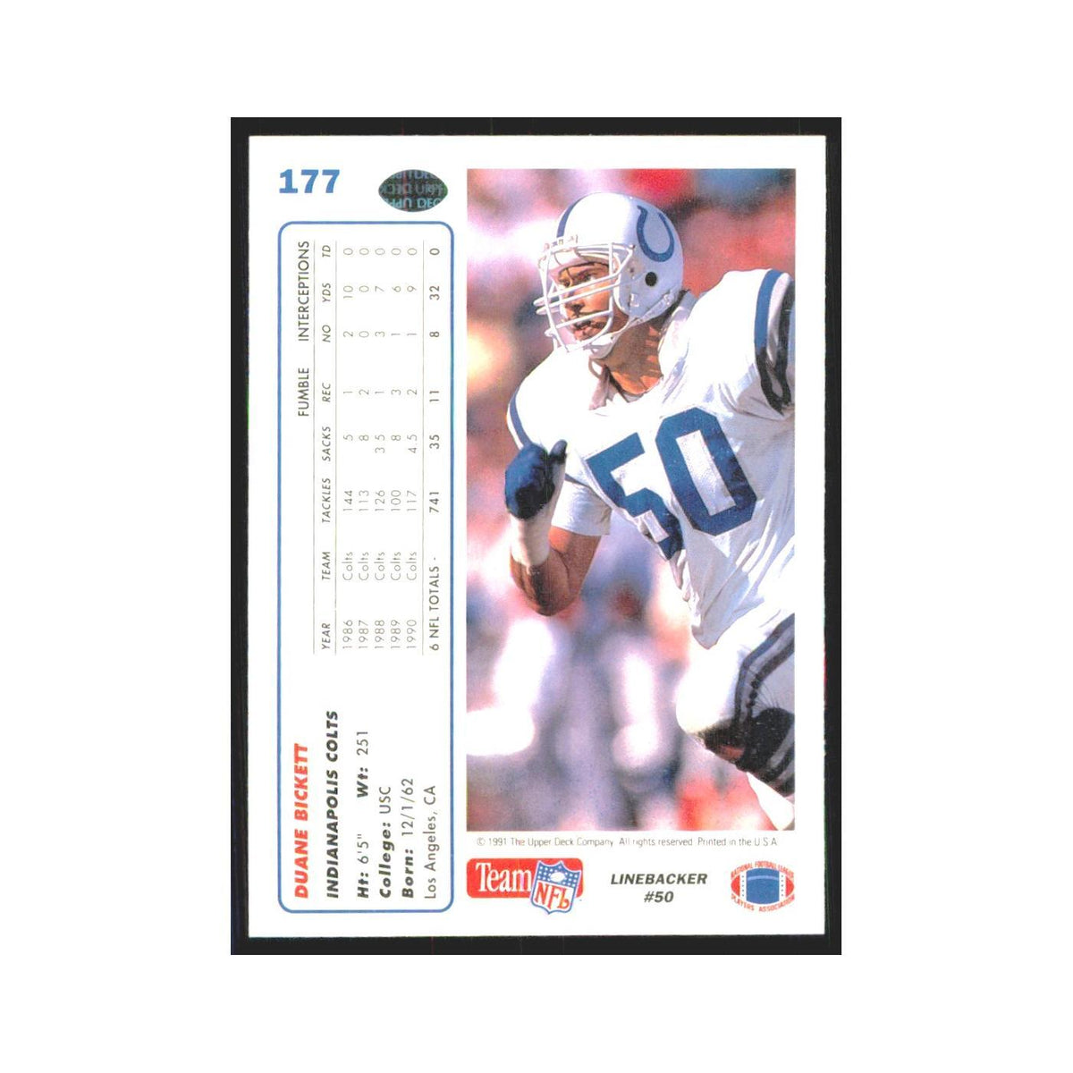 1991 Upper Deck Duane Bickett Colts #177