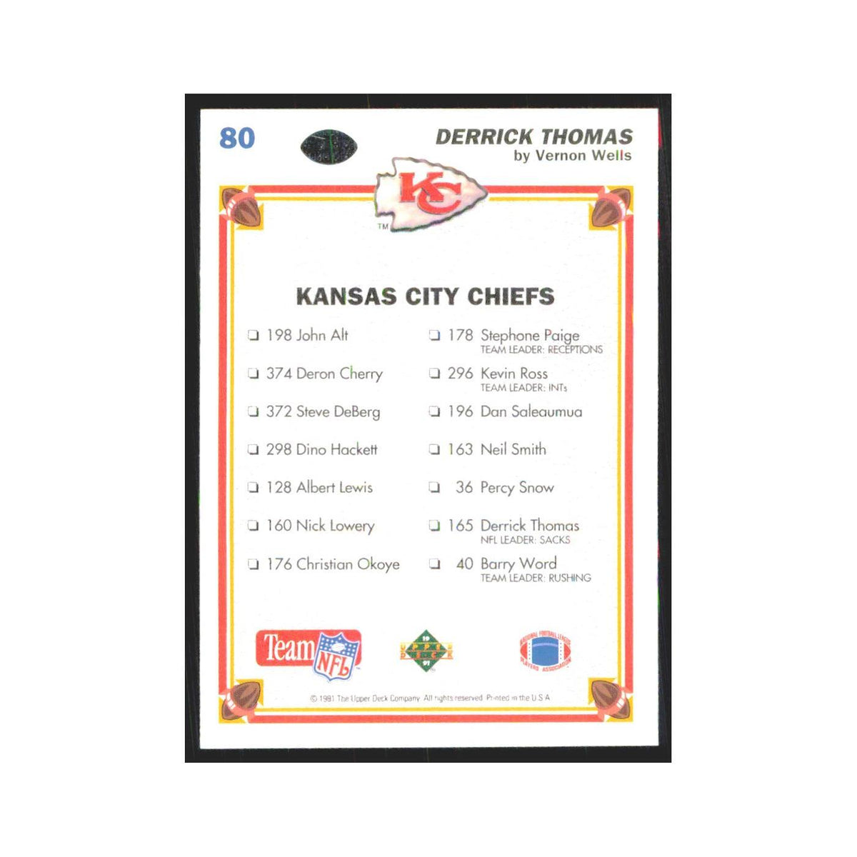 1991 Upper Deck Derrick Thomas Chiefs #80