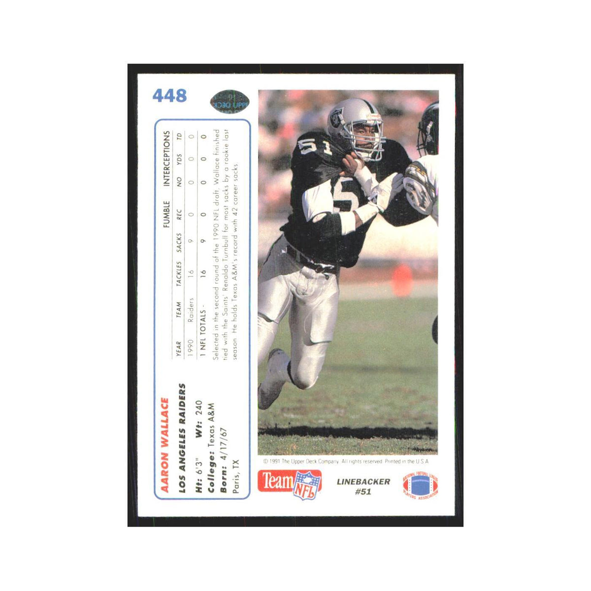 1991 Upper Deck Aaron Wallace Los Angeles Raiders #448
