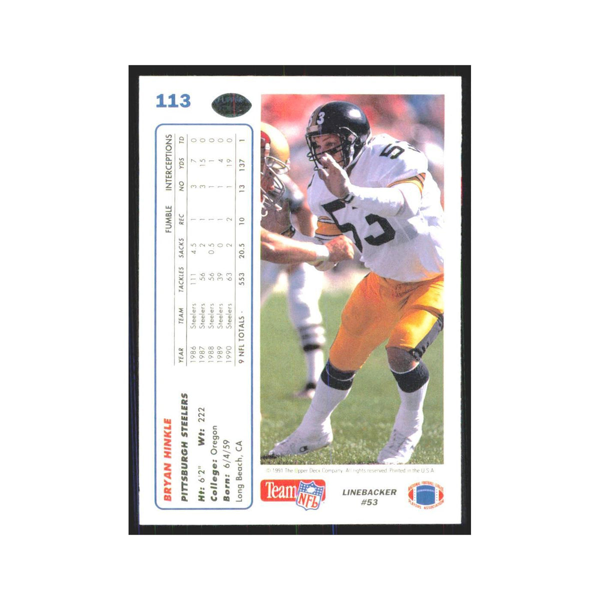 1991 Upper Deck Bryan Hinkle Steelers #113