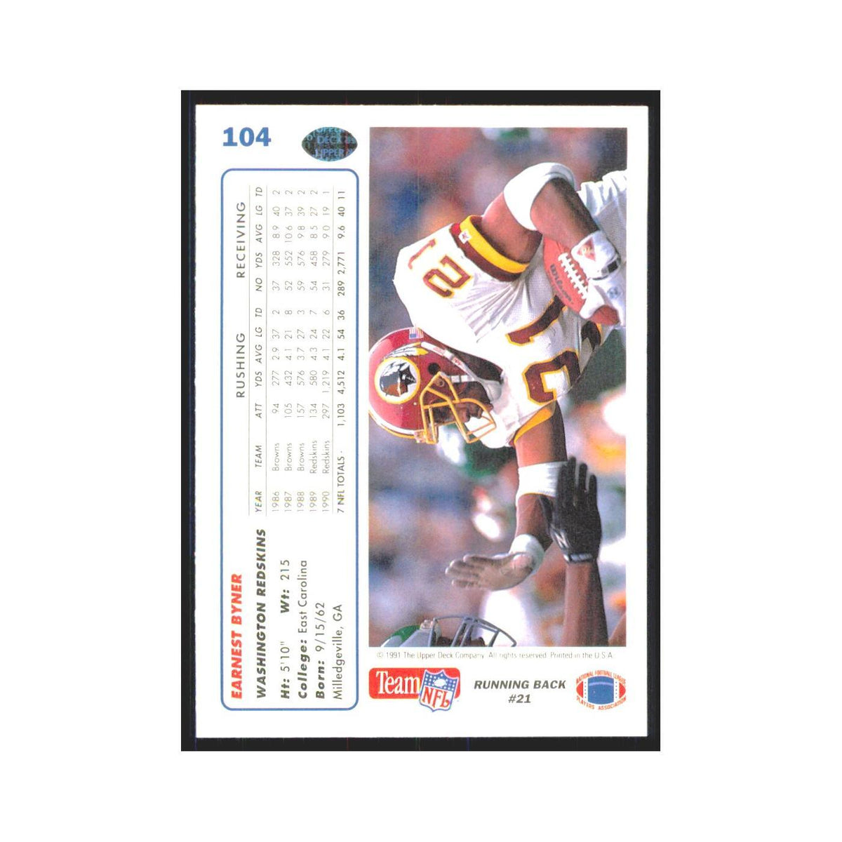 1991 Upper Deck Earnest Byner Redskins #104