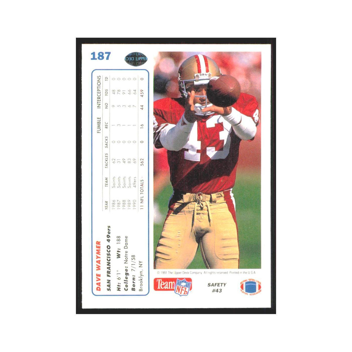 1991 Upper Deck Dave Waymer 49ers #187