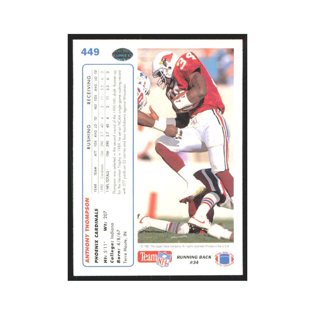 1991 Upper Deck Anthony Thompson Phoenix Cardinals #449
