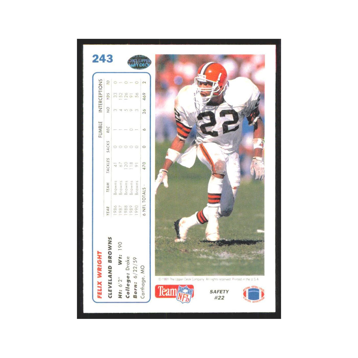 1991 Upper Deck Felix Wright Browns #243