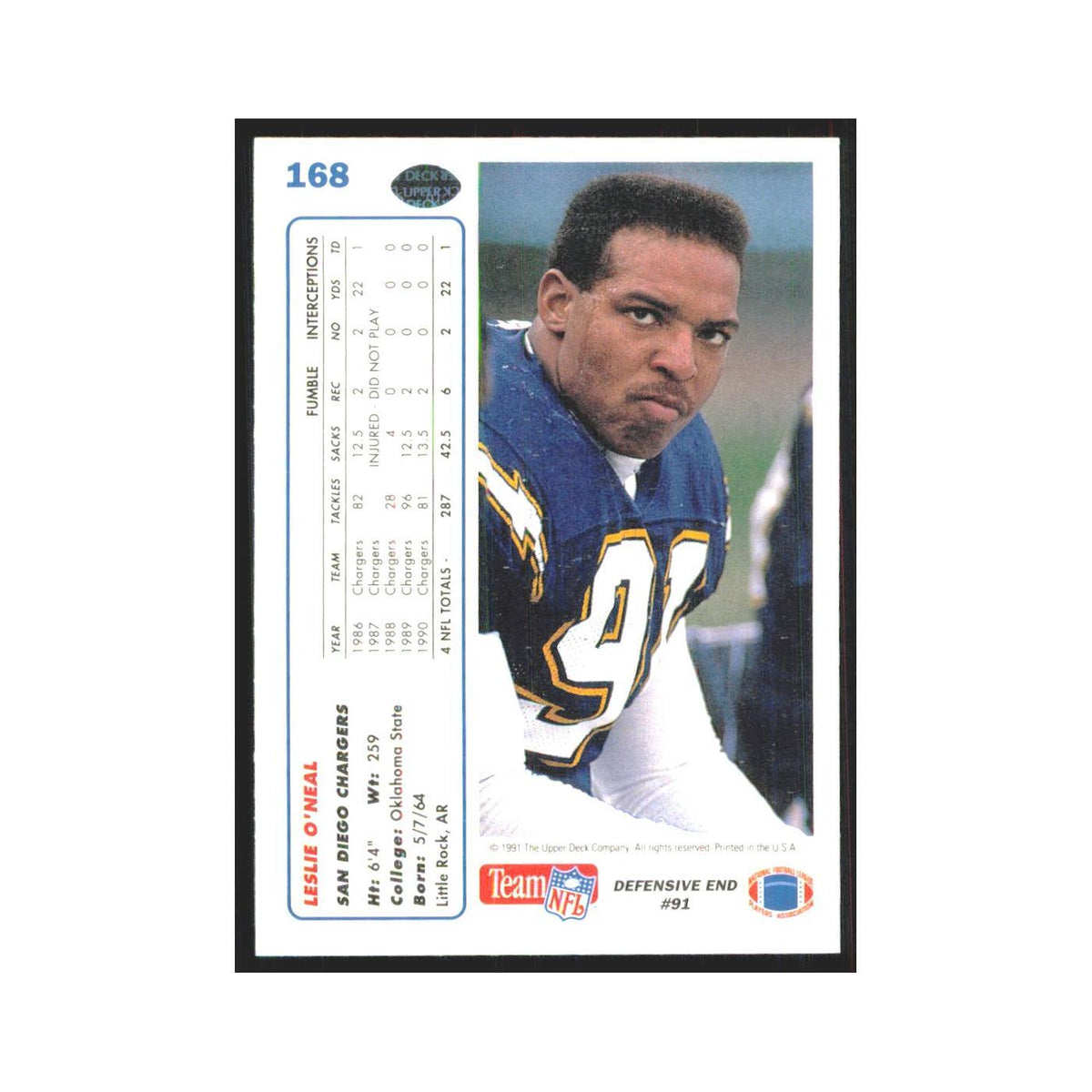 1991 Upper Deck Leslie O'Neal San Diego Chargers #168
