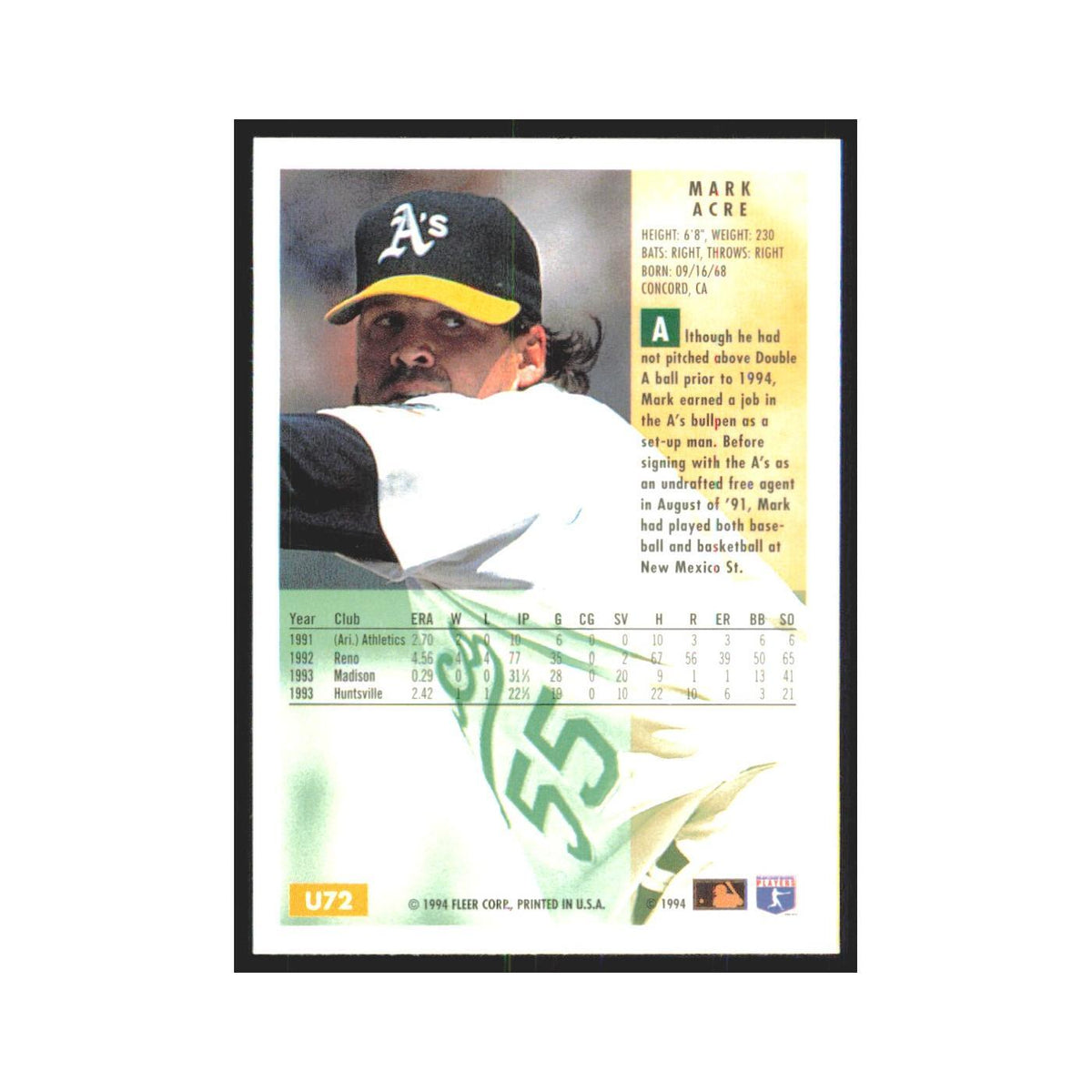 Mark Acre Rookie 1994 Fleer Update #U72 Oakland Athletics Baseball Card NM