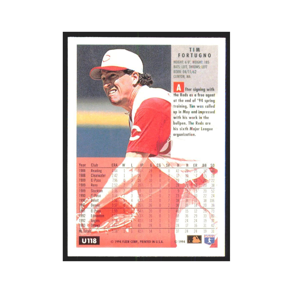 Tim Fortugno 1994 Fleer Update #U118 Cincinnati Reds Baseball Card NM