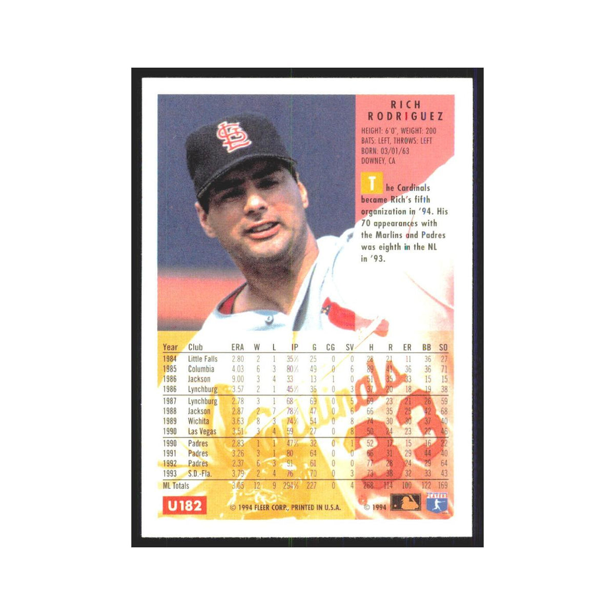 Rich Rodriguez 1994 Fleer Update #U182 St. Louis Cardinals Baseball Card NM