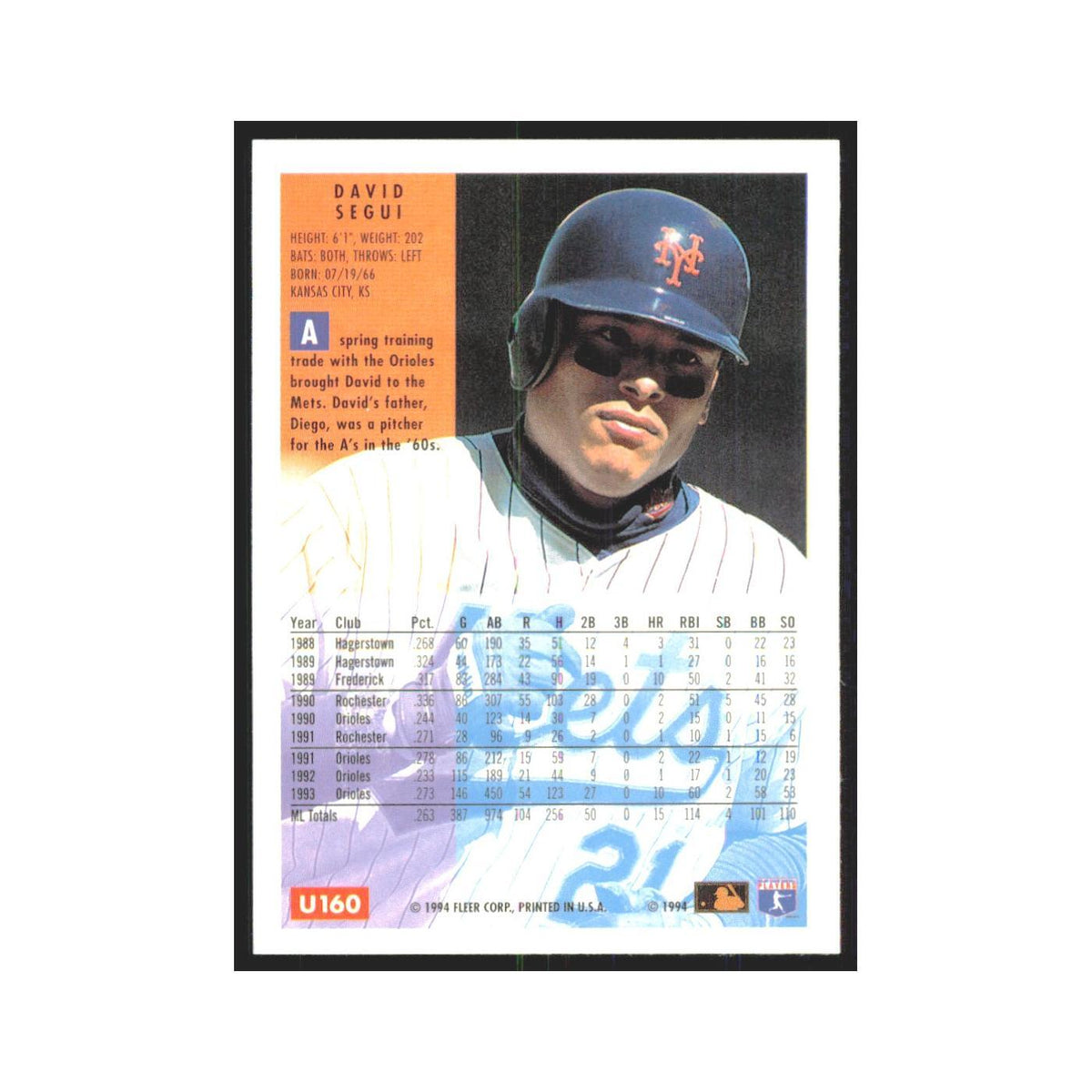 David Segui 1994 Fleer Update #U160 New York Mets Baseball Card NM