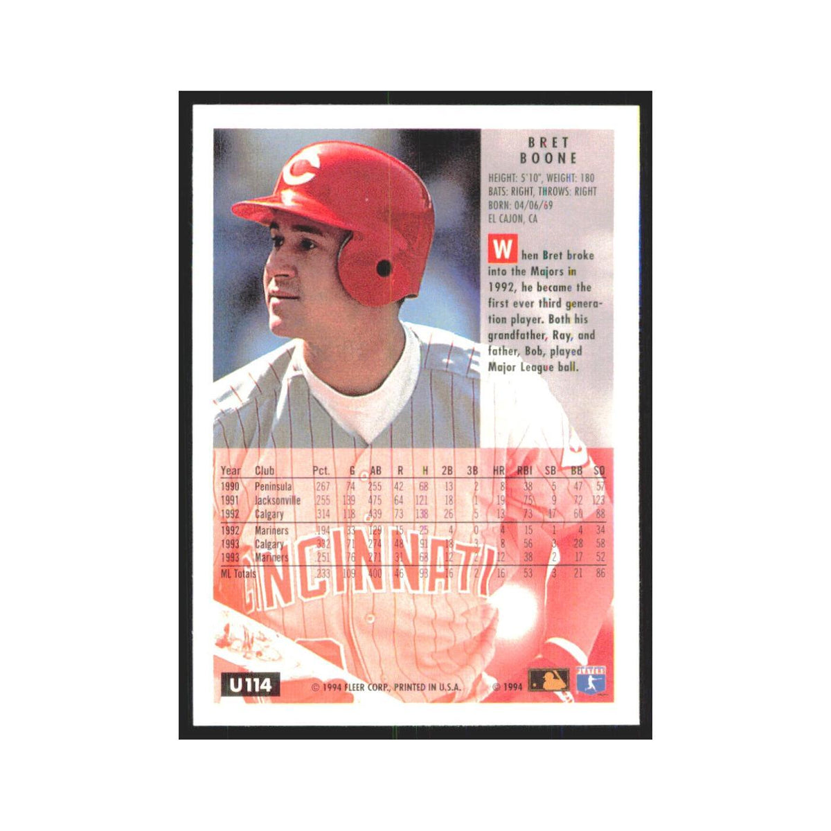 Bret Boone 1994 Fleer Update #U114 Cincinnati Reds Baseball Card NM