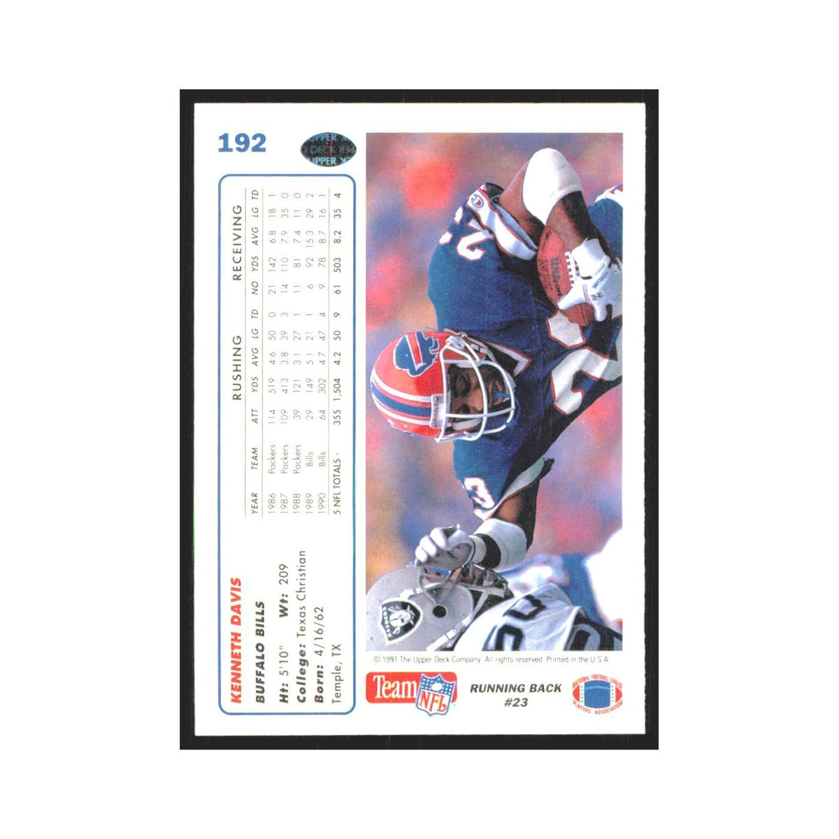 1991 Upper Deck Kenneth Davis Bills #192