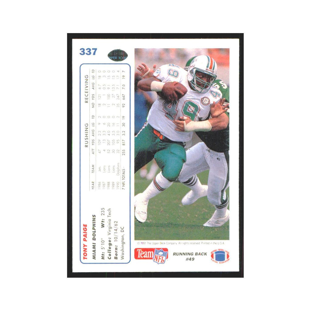 1991 Upper Deck Tony Paige Dolphins #337