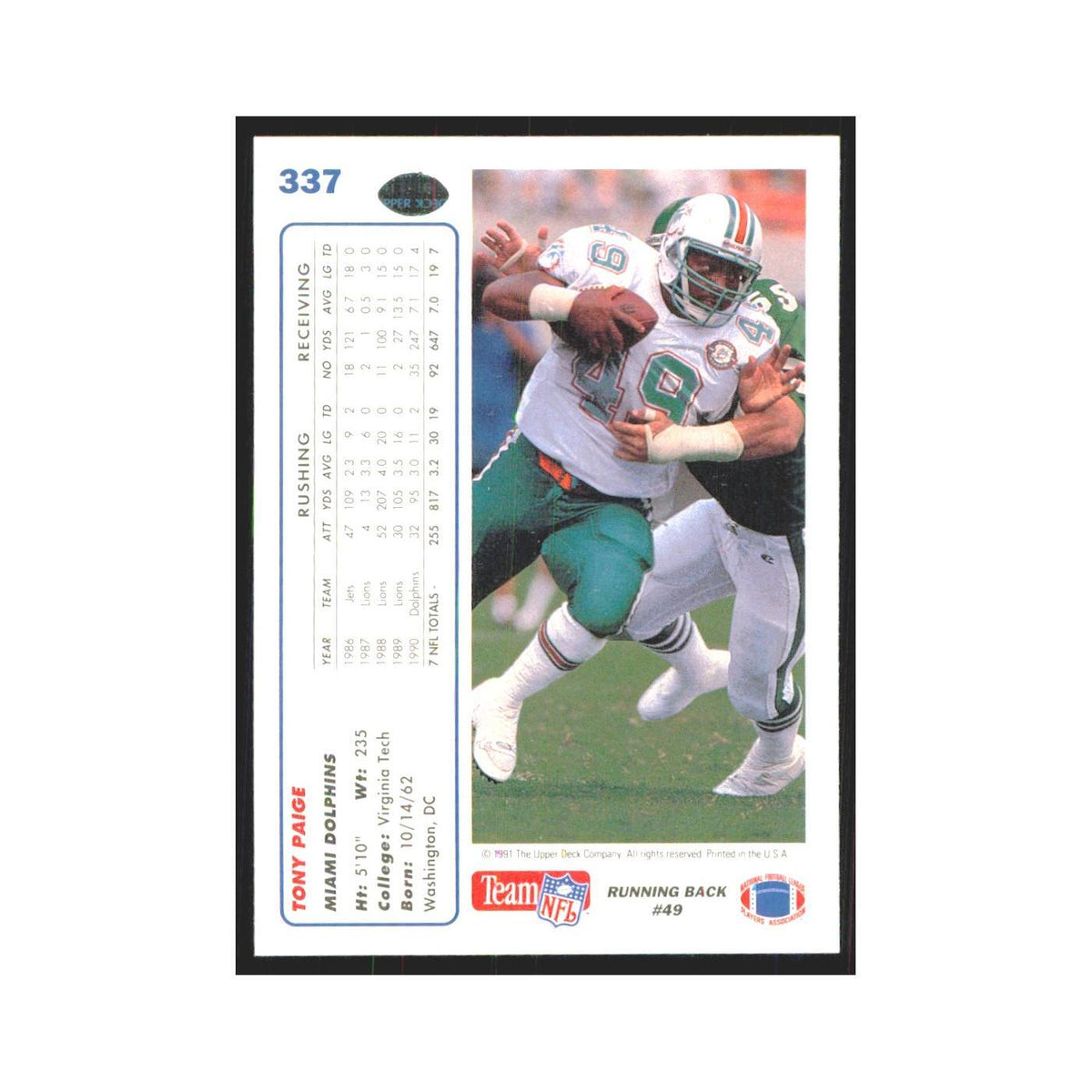 1991 Upper Deck Tony Paige Dolphins #337