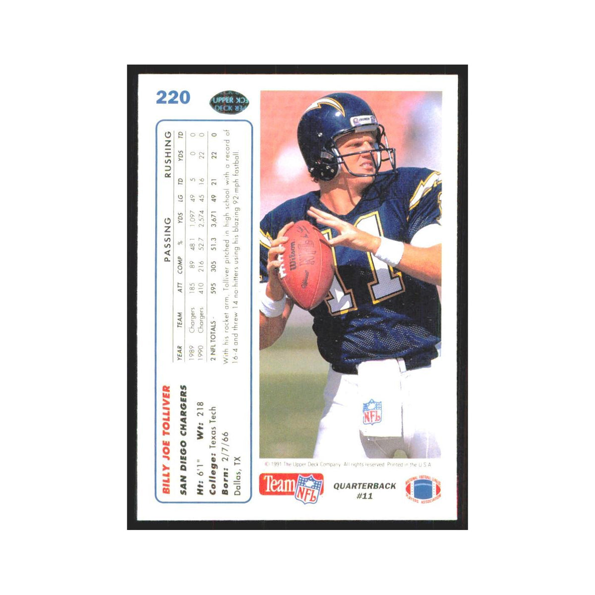 1991 Upper Deck Billy Joe Tolliver San Diego Chargers #220