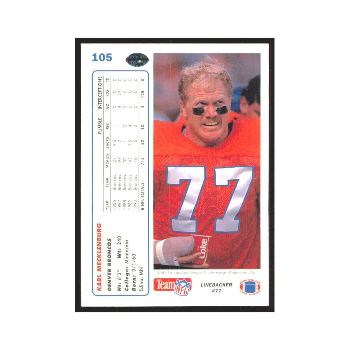 1991 Upper Deck Karl Mecklenburg Broncos #105