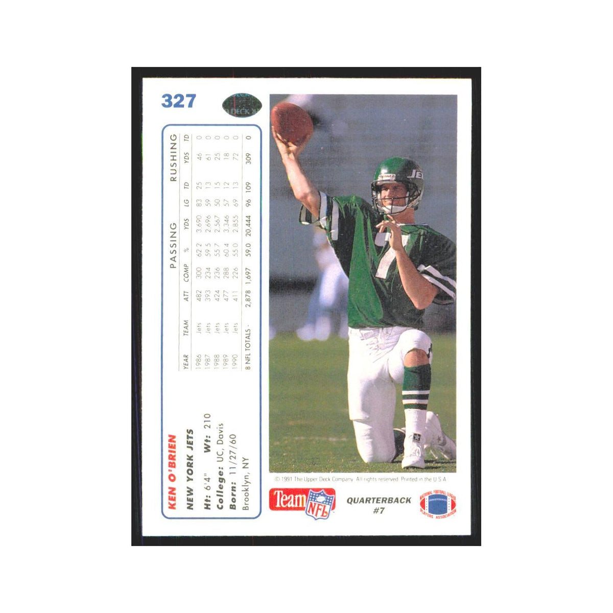 1991 Upper Deck Ken O'Brien Jets #327