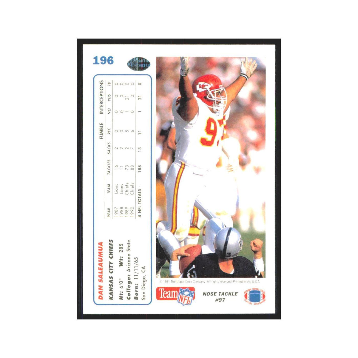 1991 Upper Deck Dan Saleaumua Chiefs #196