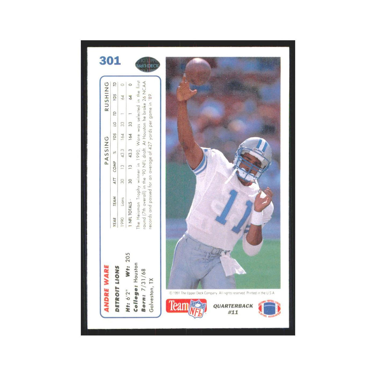 1991 Upper Deck Andre Ware Lions #301